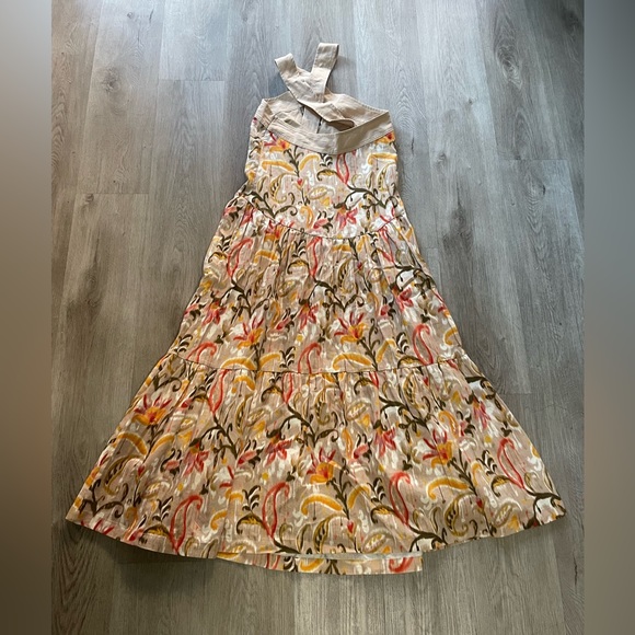 mon renn kindred tan print cut out halter neck linen blend tiered maxi dress new - Picture 6 of 8